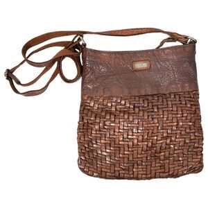 Spikes & Sparrow Brown Woven Leather Distressed Crossbody Bag